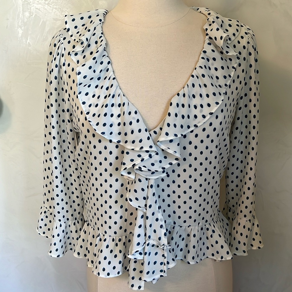 Gap Ivory wrap-ruffle blouse w/blue dots,3/4 sleeves eye hook for closure Size M